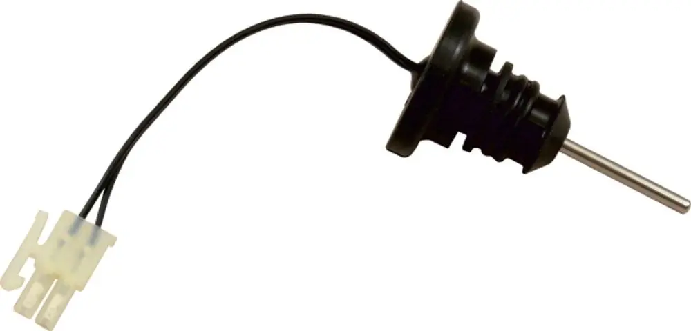 Gasbrennwertfühler mit einem schwarzen Kunststoffgehäuse und einem metallenen Fühleransatz. Verbindungskabel mit Stecker, geeignet für Wolf Heizsysteme.